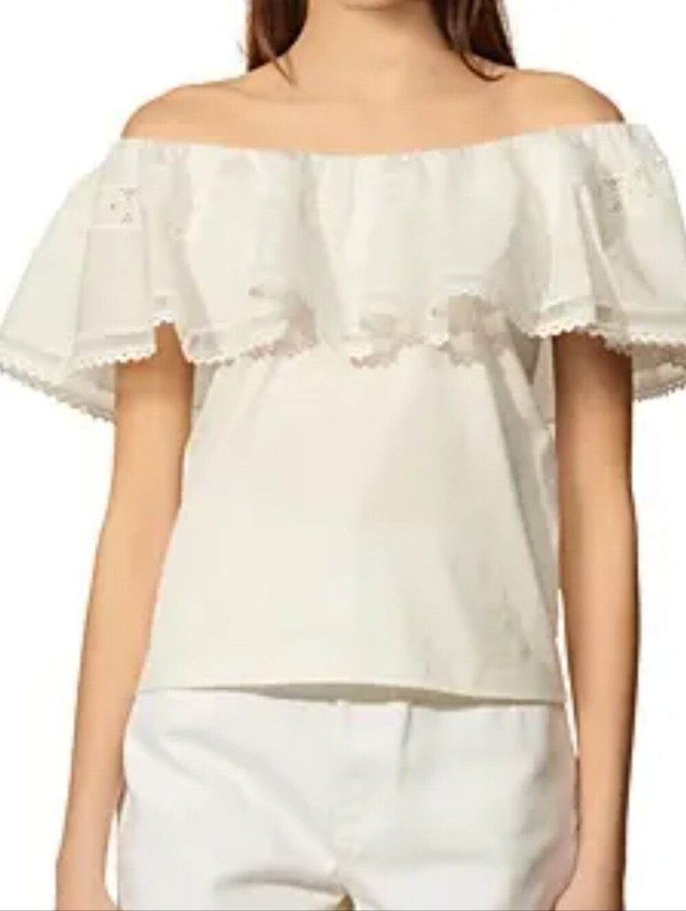Sandro Mauve Off-Shoulder White Ruffle Women’s Top Sz L Cottage Core Feminine